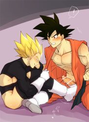 2boys abs bangs bara bare_pectorals black_bodysuit black_hair blush bodysuit boner boots clenched_teeth dougi dragon_ball dragon_ball_super erection gacharunta gay gloves green_eyes kneeling large_pectorals looking_at_another male male/male male_focus male_only male_underwear multiple_boys muscular muscular_male navel nipples one_eye_closed open_clothes pectorals penis saiyan short_hair sitting smile son_goku spiked_hair super_saiyan super_saiyan_1 teeth torn_bodysuit torn_clothes underwear vegeta white_gloves white_male_underwear yaoi