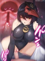 1boy :o bangs black_gloves black_hair black_leotard blush breasts censored clothing_aside covered_navel cowgirl_position drawn elbow_gloves eyebrows_visible_through_hair female genshin_impact gloves heart heart_censor highres kujou_sara large_breasts leotard leotard_aside mask mask_on_head mosaic_censoring open_mouth penis rebe11 sex short_hair solo_focus straddling straight thighs vaginal_penetration yellow_eyes