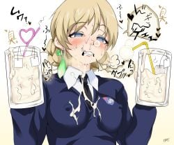 blonde_hair blue_eyes blush breasts clenched_teeth clothing color condom condom_earring cum cum_bubble cum_from_nose cum_in_container cum_in_glass cum_in_mouth cum_in_nose cum_on_clothes darjeeling daroon5 drinking_cum drinking_straw dripping_cum erect_nipples erect_nipples_under_clothes female girls_und_panzer gokkun heart heart-shaped_pupils hi_res highres medium_breasts nipples nose school_uniform stray_pubic_hair sweat symbol-shaped_pupils tea_bag teeth uniform used_condom