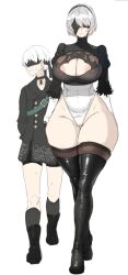 1boy areola_slip areolae black_coat black_legwear black_shorts blindfold box20502017 breasts choker cleavage cleavage_cutout clothed_male clothing_cutout coat curvy curvy_female female full_body hairband highleg highleg_leotard large_areolae large_breasts larger_female leotard long_sleeves looking_away looking_to_the_side nier nier:_automata nier_(series) no_bra puffy_long_sleeves puffy_sleeves see-through see-through_clothing see_through short_hair shorts simple_background size_difference skinny_male smaller_male straight sweatdrop tall_female thick_thighs thighhighs thighs walking wavy_mouth white_background wide_hips xiangzi_box yorha_2b yorha_9s