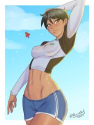 1boy 1girl 1girls 2020s 2023 accidart adult_boy adult_girl animesque arm_up black_hair blush breasts brown_eyes brown_hair cameo cape clouds dark-skinned_female dark_skin day dc dc_comics dolphin_shorts duo female flight girlfriend hero heroine highres human kryptonian latina latina_female light_smile lois_lane lois_lane_(my_adventures_with_superman) male medium_breasts multicolored_topwear my_adventures_with_superman narrow_waist navel outdoors see-through see-through_shirt shiny_hair short_hair shorts side_slit sky solo_focus sportswear strong_tomboy_(spectrum) superhero superman superman_(series) sweat sweaty sweaty_tomboy tan tomboy tomboy_girlfriend twitter_username two_tone_bottomwear two_tone_bottomwear_(blueandwhite) western_art western_cartoon wide_hips worm's-eye_view