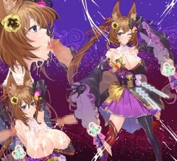 areolae armpits arms_behind_head blue_eyes brown_hair bukkake caleen_keemosn dripping_semen fellatio female flower_hair_ornament fox_ear fox_gesture fox_girl fox_tail gradient_background hair_ribbon huge_breasts idol idol_clothes lace lace_background looking_at_another looking_to_the_side mosaic_censoring multiple_penises multiple_tails nipples one_eye_closed penis pose runes semen_in_mouth star_ocean star_ocean_anamnesis starry_background tac thigh_boots twintails very_long_hair yellow_flower