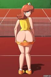 ass assentlov bare_ass blue_eyes brown_hair bubble_butt crossed_legs crown earrings exposed_ass fat_ass female female_only huge_ass large_ass legs looking_back_at_viewer mario_(series) mario_tennis mooning nintendo orange_shorts panties presenting_ass princess_daisy pulling_down_panties pulling_down_pants seductive seductive_eyes seductive_look seductive_pose seductive_smile shirt shorts smile sneakers socks tomboy underwear white_socks wink yellow_panties yellow_shirt yellow_underwear