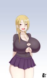 big_breasts blonde_hair blush breasts breasts_bigger_than_head brown_eyes bursting_breasts earrings female flesh_fang gradient_background huge_breasts kaette_kudasai!_akutsu-san open_mouth riko_akutsu solo solo_female vector-da