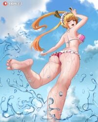 1girls breasts clothed clothing dragon_girl female female_only jxh33 light-skinned_female looking_back low-angle_view miss_kobayashi's_dragon_maid mostly_nude smile solo solo_female swimsuit thick_thighs thighs tohru_(dragon_maid) voluptuous water wet wet_ass wet_thighs