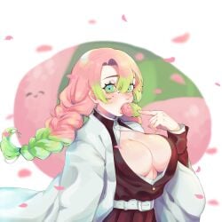 big_breasts braided_hair cleavage demon_slayer eating female female_only green_eyes haori kanroji_mitsuri kimetsu_no_yaiba long_hair looking_at_viewer mole_under_eye no_bra open_shirt petals pink_hair solo two_tone_hair uchujin_desuuu uniform upper_body