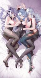 3girls absurdres armpits arms_up bangs bare_shoulders black_bodysuit blue_hair bodysuit braid breasts breasts_out brown_bodysuit clothing_cutout collared_dress curled_horns double_bun dress exposed_breasts feet ganyu_(genshin_impact) genshin_impact goat_horns hair_cones hair_ears hair_over_one_eye haku89 highres horns jpg keqing_(genshin_impact) keqing_(opulent_splendor)_(genshin_impact) large_breasts long_hair low_ponytail medium_breasts multicolored_eyes multiple_girls nipples no_shoes pantyhose purple_dress purple_eyes purple_hair shenhe_(genshin_impact) side_cutout soles thigh_cutout