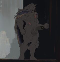 abs anthro balls big_balls big_penis blaidd_(elden_ring) canid canine canis cape cape_only clothing elden_ring erection fangs fromsoftware genitals hi_res humanoid_genitalia humanoid_penis looking_at_viewer male male_focus male_only male_solo mammal mostly_nude muscular muscular_anthro muscular_male navel nipples pecs penis scar seyrmo solo solo_male standing vein veiny_penis video_games wolf