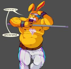 2022 animal_crossing anthro bulge cellphone english_text genital_outline humanoid_hands lagomorph leporid male mammal musclegut navel nintendo nipples penis_outline phone profanity rabbit smartphone solo text video_games wkd yellow_body zipper_t._bunny