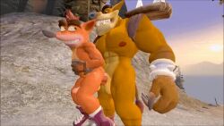 2boys 3d abs animal_humanoid animated anthro anthro_on_anthro anthro_penetrated anthro_penetrating balls bandicoot crash_(series) crash_bandicoot erection footwear furry gay gay_sex gif handwear larger_male male male/male male_nipples male_only mammal marsupial muscular_male orange_fur pecs penis pink_nipples sex smaller_male thylacine tiny_tiger yaoi