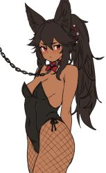 1girls animal_ear_fluff animal_ears arm_behind_back bangs bare_arms bare_shoulders black_hair black_leotard breasts cerberus_(houtengeki) chain_leash chains closed_mouth collar covered_navel cowboy_shot dark-skinned_female dark_skin dog_ears eyebrows_visible_through_hair female female female_only fishnet_legwear fishnets frown hair_between_eyes hi_res highleg highleg_leotard highres houtengeki leash leotard long_hair original pantyhose ponytail red_eyes simple_background small_breasts solo white_background