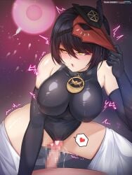 1boy :o after_sex bangs black_gloves black_hair black_leotard blush breasts censored clothing_aside covered_navel cowgirl_position cum cum_in_pussy drawn elbow_gloves eyebrows_visible_through_hair female fertilization genshin_impact gloves heart heart_censor highres impregnation kujou_sara large_breasts leotard leotard_aside mask mask_on_head mosaic_censoring open_mouth ovum penis rebe11 short_hair solo_focus straddling straight thighs yellow_eyes