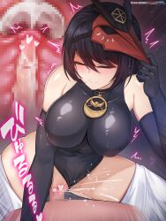 1boy bangs black_gloves black_hair black_leotard blush breasts censored closed_eyes clothing_aside covered_navel cowgirl_position cum cum_in_pussy drawn ejaculation elbow_gloves eyebrows_visible_through_hair female genshin_impact gloves heart heart_censor highres kujou_sara large_breasts leotard leotard_aside mask mask_on_head mosaic_censoring parted_lips penis rebe11 sex short_hair solo_focus straddling straight thighs vaginal_penetration