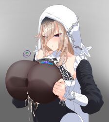 :o aponia blonde_hair blue_eyes breast_squeeze cum cum_between_breasts honkai_(series) honkai_impact_3rd huge_breasts invisible_penis nun paizuri paizuri_under_clothes penis tagme