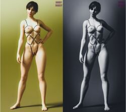 3d 3d_(artwork) black_&_white bobbysnaxey brown_hair casual daz3d daz_studio feet female female_only harness human monochrome muscular_female naked naked_female nude nude_female pinup pubic_hair rebecca_chambers resident_evil resident_evil_0 wide_hips