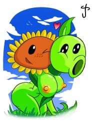 breasts female green heart hug male peashooter_(pvz) petals plant plant_girl plantie plants plants_vs_zombies pvz smiling sunflower sunflower_(pvz) sunflower_x_peashooter_(pvz) tagme two