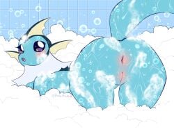 anthro anus ass bath bathtub blue_body blush bubble eeveelution female genitals hi_res looking_at_viewer nintendo nude pokémon_(species) pokemon pukemilked pussy soap soap_bubbles solo suds vaporeon video_games