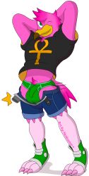 ankh anthro avian balls beak belt bird bottomwear briefs bulge clothing feet flamingo footwear genitals green_eyes hair hands_behind_head male notkastar one_eye_closed pelvic_thrust penis shirt shoes shorts sneakers solo t-shirt talons toes topwear tuft underwear wink