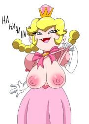 1girls big_breasts blonde_hair breasts breasts_out breasts_out_of_clothes brooch clothed clothing color crown dress elbow_gloves female female_only gloves grey_eyes half-closed_eyes human human_only kevinsano laugh laughing light-skinned_female light_skin looking_at_viewer mario_(series) new_super_mario_bros._u_deluxe nintendo nipples no_nose oerba_yun_fang open_mouth peachette pink_dress puffy_short_sleeves ribbon shirt shirt_lift solo super_crown text thick thick_hips toadette topless twintails white_background white_gloves wide_hips