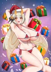 armpits arms_behind_head arms_up big_breasts bikini blonde_hair christmas christmas_present cleavage huge_breasts indie_virtual_youtuber knees_together_feet_apart long_hair looking_at_viewer luex navel open_mouth orange_eyes sanagi_yuzu santa_bikini santa_hat smile source_request virtual_youtuber