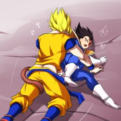 2boys anal armor armored_dress black_hair blonde_hair blue_bodysuit bodysuit boots chest_armor dougi dragon_ball dragon_ball_z gacharunta gay gloves lying male male/male male_only monkey_tail multiple_boys on_side one_eye_closed open_mouth red-tinted_eyewear saiyan saiyan_armor saliva scouter sex short_hair son_goku spiked_hair super_saiyan super_saiyan_1 tail tinted_eyewear translation_request uniform vegeta white_gloves yaoi