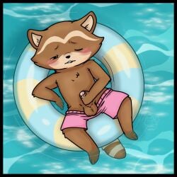 1:1 anthro balls blush bodily_fluids bottomwear bottomwear_down chillhop chillhop_raccoon clothed clothing cum detailed_background digital_drawing_(artwork) digital_media_(artwork) erection fur genital_fluids genitals hi_res inflatable inner_tube lying male mammal masturbation muffinlewds nude on_back one_eye_closed outside pants pants_down partially_clothed penile penile_masturbation penis procyonid raccoon solo swimming_trunks swimwear water