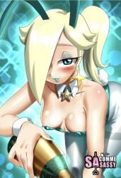 big_ass big_breasts bimbo blonde_female blue_lipstick blush bunny_ears bunny_girl bunnysuit champagne cleavage earrings eye_liner mario_(series) nintendo pouring princess_rosalina sasatseng teal_eyes white_hair