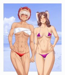 2girls abs alternate_costume animated bare_legs bikini bikini_bottom breasts brown_eyes brown_hair bunny_ears female_only fire_emblem fire_emblem_awakening fire_emblem_fates hand_holding humanoid long_hair looking_at_viewer mask_on_head medium_breasts micro_bikini multiple_girls muscular muscular_female navel nintendo nipples niramoli oni_mask panne_(fire_emblem) partially_visible_vulva purple_bikini purple_swimsuit red_bikini red_bikini_bottom red_eyes rinkah_(fire_emblem) sarashi short_hair sideboob smile string_bikini swimsuit taguel topless underboob undressing white_hair