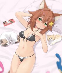 absurdres animal animal_ears black_bra black_panties bra breasts brown_hair cat_ears cat_girl dildo eyebrows_visible_through_hair feline female green_eyes hair_between_eyes hair_ornament highres indie_virtual_youtuber looking_at_viewer lying navel nekoname_tuna on_back panties pillow sex_toy short_hair small_breasts thighs underwear underwear_only virtual_youtuber x_hair_ornament yakihebi