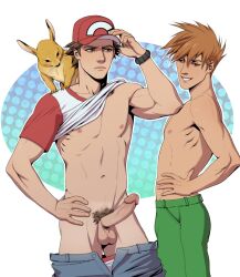 2boys abs armpits balls bangs biceps blue_(pokemon) brown_eyes brown_hair cap erection foxbravo gay hand_on_head hand_on_hip looking_at_penis male_only muscular_male nipples pants_down partially_clothed_male pecs penis_out pikachu pokémon_(species) pokemon pubic_hair red_(pokemon) shirt_lift shirtless simple_background