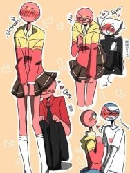 4boys blush cat_ears china_(countryhumans) chinese_text countryhumans crossdressing cuba_(countryhumans) gay japan_(countryhumans) japanese_text male skirt_lift slapped sweatdrop translation_request vietnam_(countryhumans) yaoi