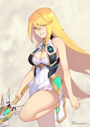 1girls bare_shoulders big_breasts blonde_hair cleavage cleavage_cutout clothed clothing large_breasts legs long_hair looking_at_viewer mythra phrecklesart smile smiling solo standing_on_one_leg sword tagme thick_thighs very_long_hair xenoblade_(series) xenoblade_chronicles_2 yellow_eyes