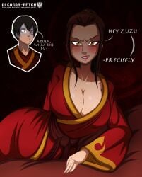 1boy 1girls alcasar-reich alternate_breast_size avatar_the_last_airbender azula big_breasts blush breasts brother_and_sister brown_hair burn_scar clothing embarrassed female fire_nation fire_nation_clothing golden_eyes huge_breasts imminent_incest incest japanese_clothes large_breasts makeup male nightgown open_robe robe seductive siblings sleepwear zucest zuko