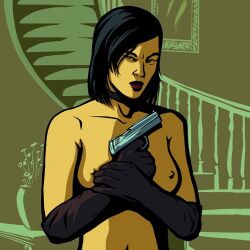 1girls black_choker black_gloves black_hair breasts female grand_theft_auto grand_theft_auto_liberty_city_stories gtauto-x gun looking_away nipples nude nude_female pistol toshiko_kasen weapon