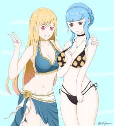 2girls alternate_costume bikini black_bikini black_swimsuit blonde_hair blue_bikini blue_hair blue_swimsuit breasts choker cleavage cosplay costume_switch crossover female female_only fire_emblem fire_emblem:_three_houses fire_emblem_heroes gyaru kitagawa_marin kitagawa_marin_(cosplay) long_fingernails marianne_von_edmund marianne_von_edmund_(cosplay) marianne_von_edmund_(summer) nail_polish nintendo official_alternate_costume pink_nails sixtybuzzer sono_bisque_doll_wa_koi_wo_suru swimsuit v