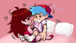 1boy 1girls backwards_baseball_cap blue_hair blush boyfriend_(friday_night_funkin) cute drooling friday_night_funkin girlfriend_(friday_night_funkin) hand_under_clothes heart heels holding_legs implied_pegging implied_strap-on in_bed it's_not_a_fucking_futa_reddit_people! long_hair moaning_in_pleasure oddly_wholesome pegging romantic_sex socks strap-on_under_skirt sweat tickling unknown_artist wholesome