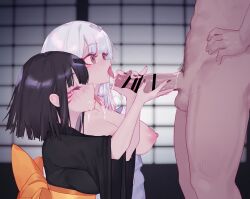 1boy 2girls bangs bar_censor black_hair black_kimono black_nails blurry blurry_background breasts brown_eyes censored cum cum_in_mouth cum_on_tongue cum_string dark-skinned_male dark_skin eonsang erection female ffm_threesome from_side girls'_frontline group_sex hair_ornament handjob highres interracial japanese_clothes kimono large_breasts light-skinned_female light_skin male_pubic_hair medium_hair multiple_girls nipples nyto_(girls'_frontline) nyto_adeline_(girls'_frontline) nyto_alina_(girls'_frontline) obi open_mouth paradeus penis pubic_hair sash straight tearing_up testicles threesome tongue tongue_out two-handed_handjob white_hair white_kimono wide_sleeves