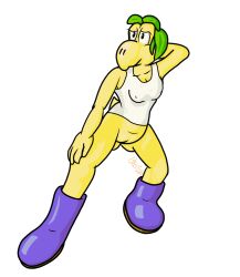 anthro bottomless clothed clothing female footwear genitals green_hair hair hi_res koopa koopa_troopa lendri_mujina mario_(series) mario_and_luigi_(series) nintendo nipple_outline pussy scalie shell-less shirt shoes solo stretching_legs topwear troopea undershirt video_games white_background yellow_body yellow_skin