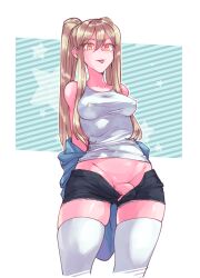 1futa :p batoi blonde_hair breasts clothed clothing flaccid futa_only futanari hotpants human itohatoi light-skinned_futanari light_skin long_hair masturbation mostly_clothed penis short_shorts shorts shorts_open solo tank_top thighhighs tongue tongue_out twintails