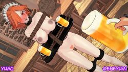 1girls 3d angry artist_name beer blush bondage breasts collar completely_nude embarrassed embarrassed_nude_female enf female female_focus female_pubic_hair femsub fire_emblem fire_emblem:_three_houses heavy_blush humiliation kronya_(fire_emblem) large_breasts maid maid_headdress nintendo nude nude_female one_eye_obstructed orange_hair pale-skinned_female pale_skin pov pubic_hair red_eyes restrained rope slave story_at_source tattoo tray waitress yumi_(artist)