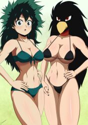 2girls alternate_version_available big_breasts bikini bird_humanoid bryaxrt busty cleavage female female_deku female_only fumikage_tokoyami green_eyes green_hair izuku_midoriya large_breasts multiple_girls my_hero_academia red_eyes revealing_clothes rule_63 slim_waist toned_female