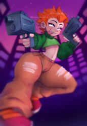 belly_button big_ass femboy friday_night_funkin ginger_hair gun looking_at_viewer midriff navel newgrounds nnenyov pico's_school pico_(newgrounds) short_shirt thick_thighs thighs tongue_out white_eyes wide_hips