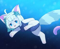 absurd_res accessory akurara anthro blue_body blue_eyes blue_fur blue_hair cameltoe chio clothing domestic_cat felid feline felis female fur hair hair_accessory headgear headwear hi_res mammal pawpads pink_pawpads seashell shell smile solo solo_focus swimming swimwear tentacle underwater water