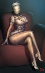 2d 2d_(artwork) big_breasts bubble_head_nurse cleavage crossed_legs faceless female female_only full_body gloves high_heels humanoid k2shh monster monster_girl nurse nurse_(silent_hill) nurse_cap nurse_uniform silent_hill sitting solo thick_thighs