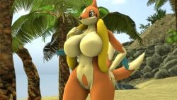 16:9 2021 3d_(artwork) anthro big_breasts black_eyes breasts coconut_tree digital_media_(artwork) dnrud12 featureless_breasts female floatzel fruit_tree genitals hand_on_hip hi_res holding_object navel nintendo no_nipples nude orange_body orange_skin palm_tree plant pokémon_(species) pokémorph pokemon pose pussy rock sand solo source_filmmaker standing tree video_games water widescreen yellow_body yellow_skin