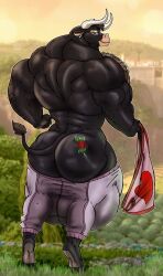 1boy anthro ass balls balls_in_underwear bara big_balls big_butt big_muscles black_body blue_sky_studios bottomwear bottomwear_down bovid bovid_horn bovine bovine_horn bulge cattle clothed clothing clothing_lift ear_piercing ferdinand_(film) ferdinand_the_bull flower gay genitals heart hi_res horn huge_balls huge_butt huge_hips huge_muscles huge_thighs male male_only mammal muscular muscular_anthro muscular_male pants pants_down partially_clothed pecs piercing plant presenting presenting_hindquarters rose_(flower) rose_tattoo shirt shirt_lift smile solo tattoo thick_thighs topwear xtrent968