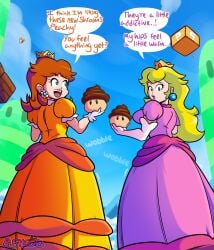 2023 2girls big_breasts blonde_hair blue_eyes blue_sky breasts clothing clouds crown earrings female female_only gobrush gobrushgob gobrushrush long_hair mario_(series) mouth multiple_girls mushroom nintendo open_mouth orange_hair outdoors power_up princess_daisy princess_peach rushgob standing super_mario_bros. text text_bubble white_skin yellow_hair