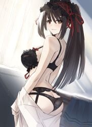 ass_cleavage black_bra black_hair black_panties bra breasts butt_crack clock_eye date_a_live eyebrows_visible_through_hair eyelashes_visible_through_hair female female_only garter_belt garter_straps hairband heterochromia lingerie lolita_hairband looking_at_viewer looking_back panties parted_lips red_eye seductive_smile smile tokisaki_kurumi twintails undressing