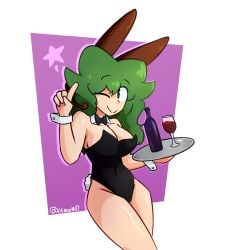 alternate_version_available bare_legs bunnysuit easter green_eyes green_hair lenoxmst medley_(lenoxmst) oc original_character wine wine_bottle wine_glass wink winking_at_viewer