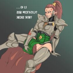 1girls aeldari big_clitoris clitoris cunnilingus dark-skinned_male dark_skin eldar elf_ears erect_clitoris female femdom forced_cunnilingus forced_oral howling_banshee human interracial korean_text male pointy_ears pussy red_hair reverse_rape sex shanellia432 straight text tongue warhammer_(franchise) warhammer_40k